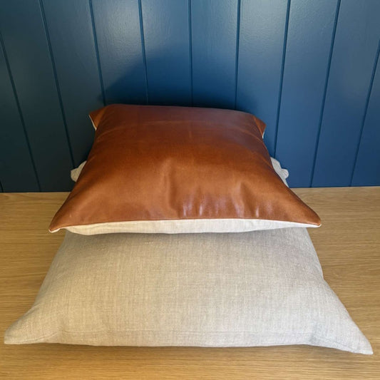 Tan Leather/Linen Cushion